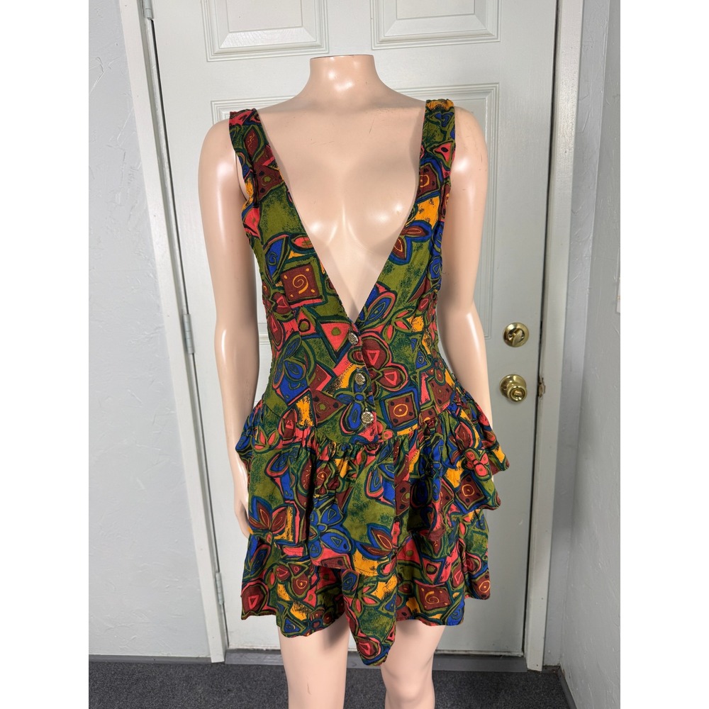 Vintage 90s Dress Mini Tiered Medium Rayon Floral USA Button Deep V neck I4-21